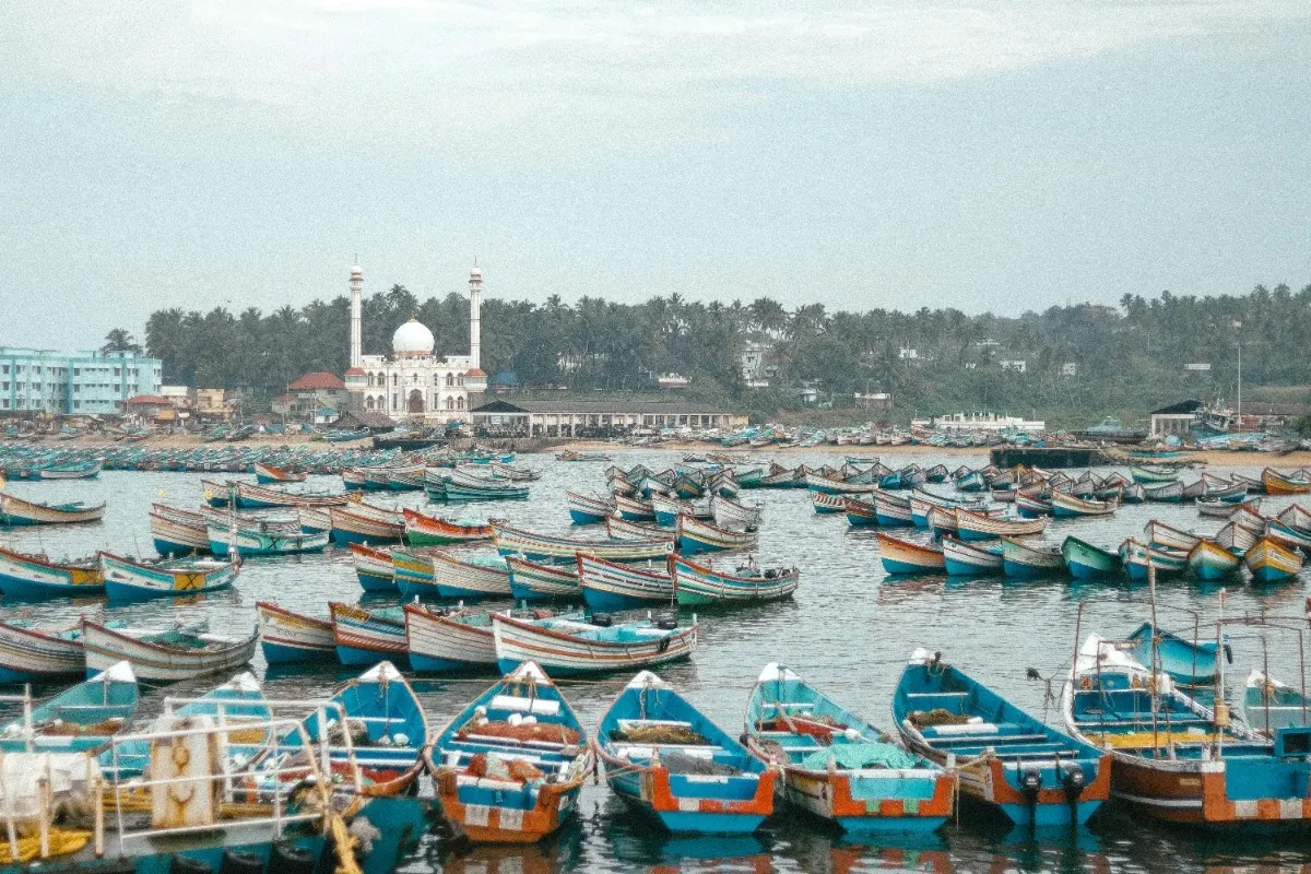Fishing boats at a fishing harbour in Kerala during the early morning hours