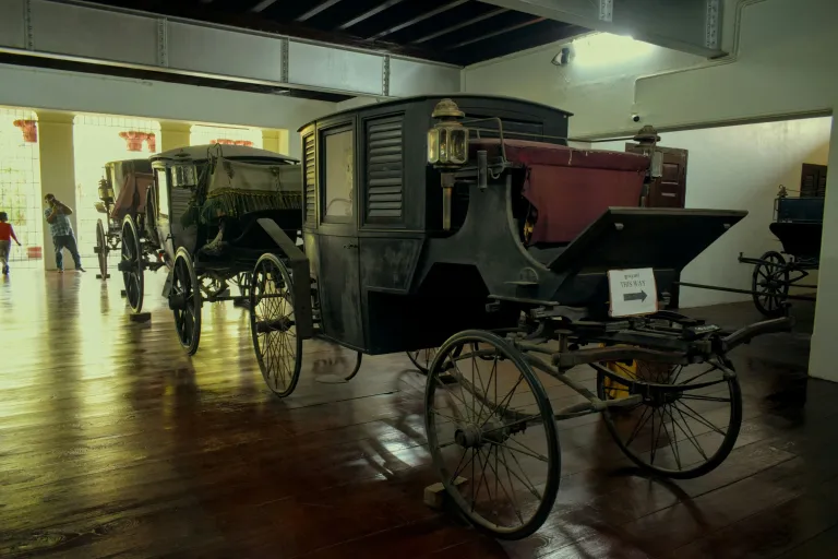 Historic royal horse-drawn carriages displayed at Hill Palace Museum in Tripunithura, Kochi