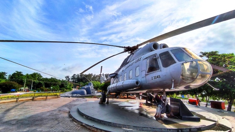 Retired Indian Air Force helicopter display at Shankumugham Beach in Thiruvananthapuram, Kerala